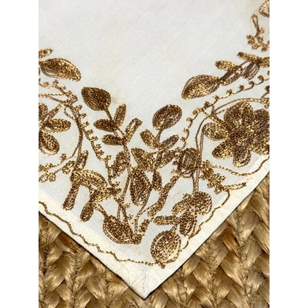 Vtg Handmade AGHABANI Large Tablecloth & 12 Napkins Gold Silk on White 110 x 72”